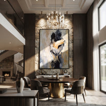 Two Figures Hold Close - abstract embracing couple by Marcus Lau, Retro Modern vertical wall art – styled room scene view 3