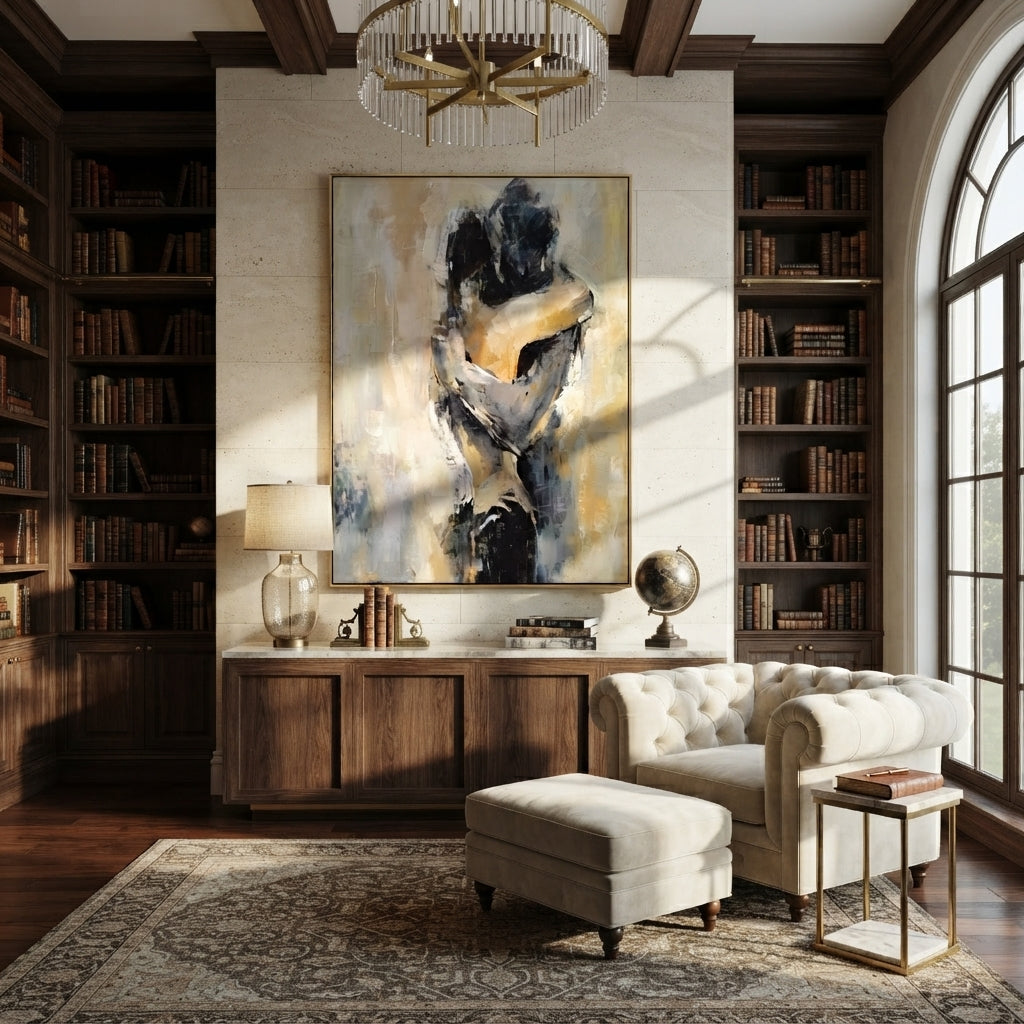 Two Figures Hold Close - abstract embracing couple by Marcus Lau, Retro Modern vertical wall art – styled room scene view 4