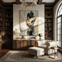 Two Figures Hold Close - abstract embracing couple by Marcus Lau, Retro Modern vertical wall art – styled room scene view 4