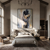 Two Figures Hold Close - abstract embracing couple by Marcus Lau, Retro Modern vertical wall art – styled room scene view 5