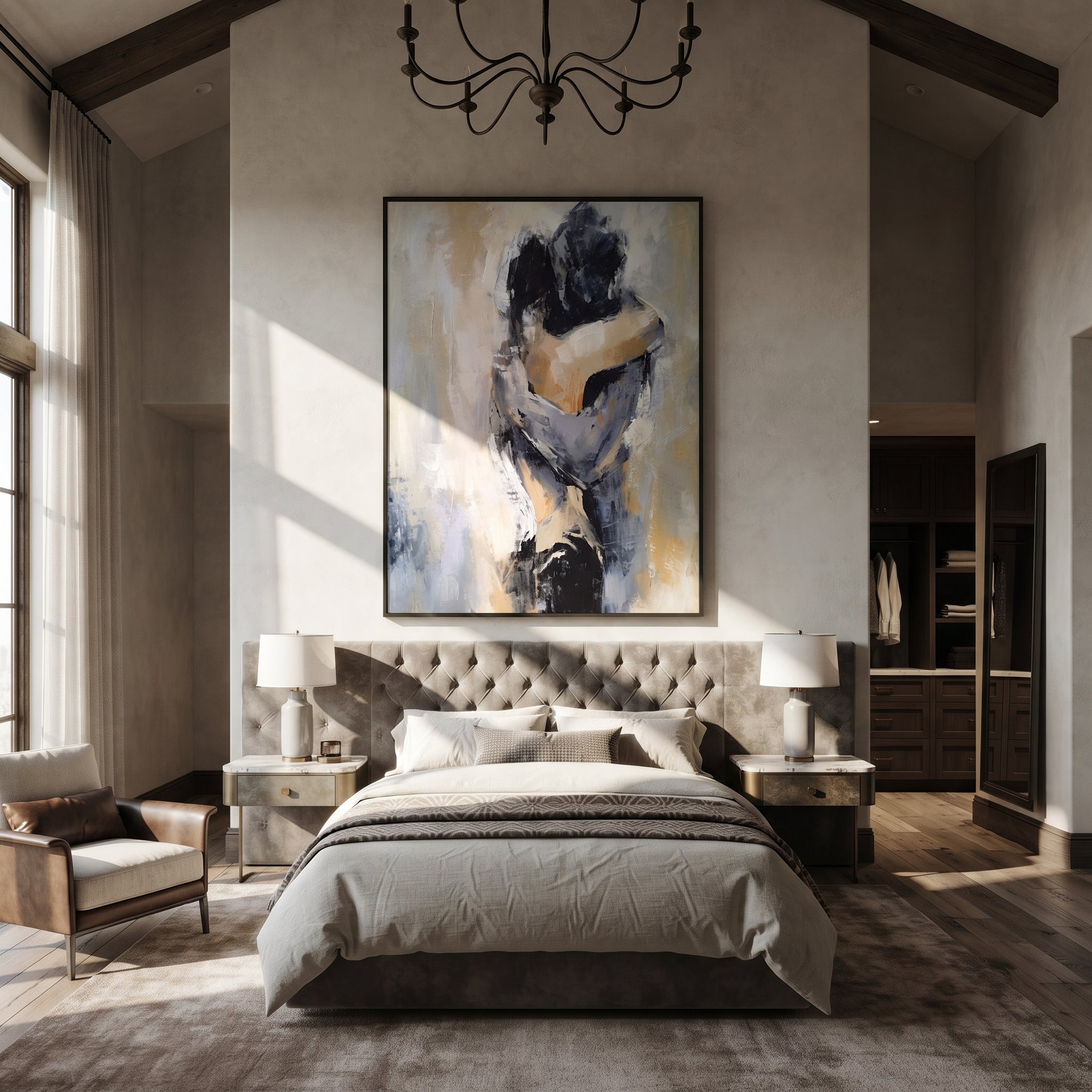 Two Figures Hold Close - abstract embracing couple by Marcus Lau, Retro Modern vertical wall art – styled room scene view 5