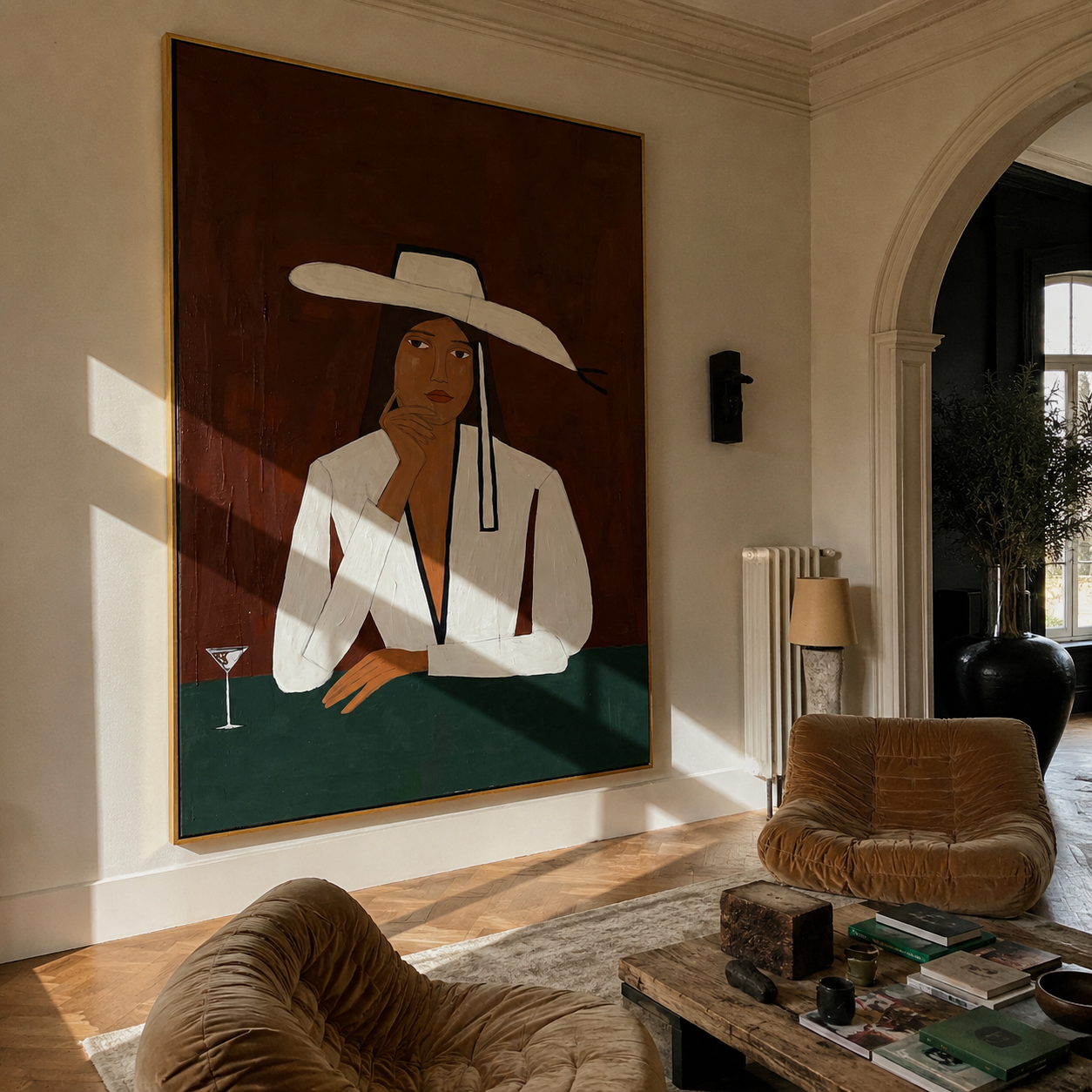 Martini Waits Under White - white hat bar woman by Marcus Lau, Retro Modern vertical wall art – styled room scene view 1