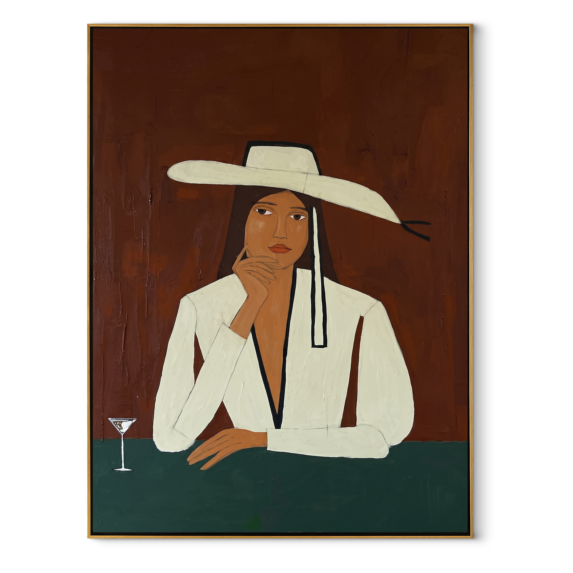 Martini Waits Under White - white hat bar woman by Marcus Lau, Retro Modern vertical wall art – wood frame on white background