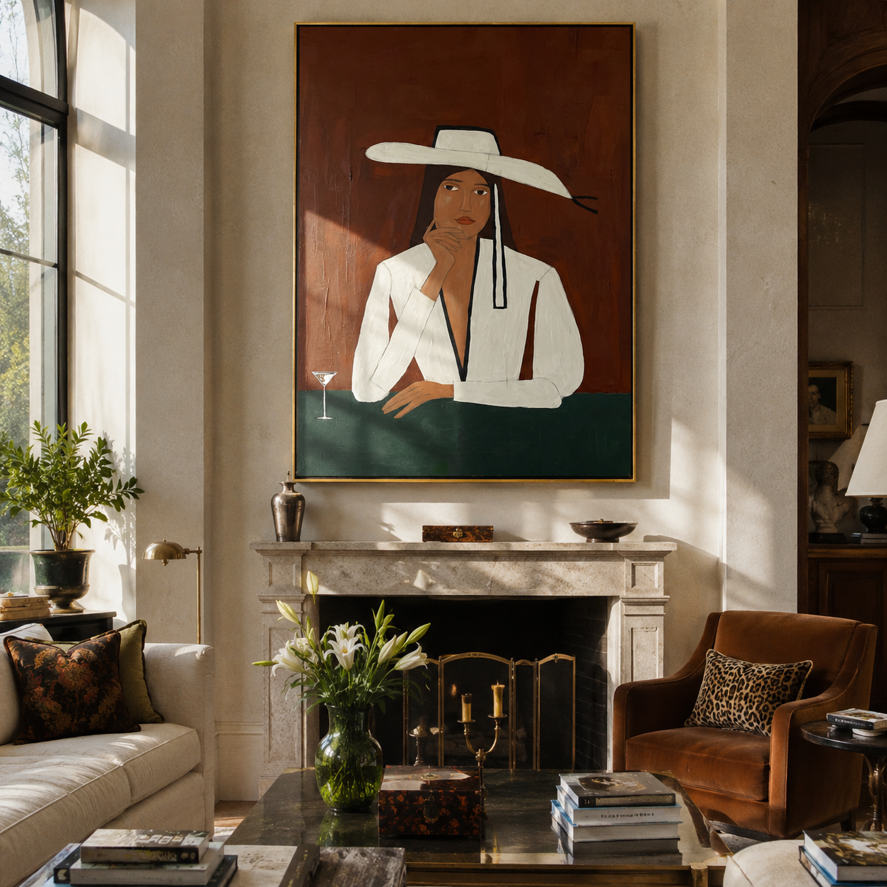 Martini Waits Under White - white hat bar woman by Marcus Lau, Retro Modern vertical wall art – styled room scene view 2