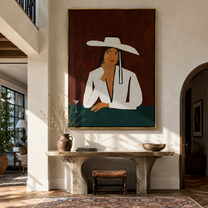 Martini Waits Under White - white hat bar woman by Marcus Lau, Retro Modern vertical wall art – styled room scene view 3