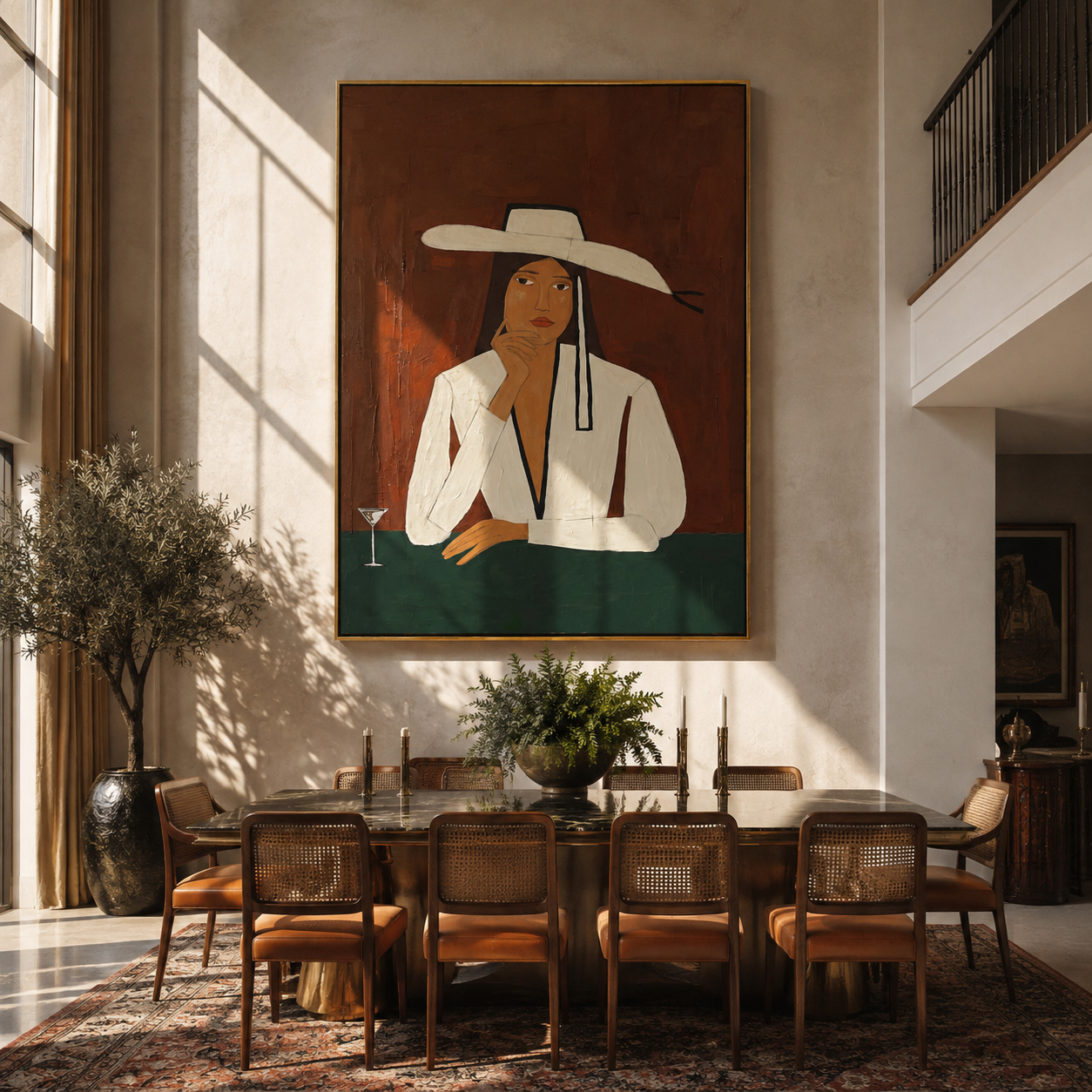 Martini Waits Under White - white hat bar woman by Marcus Lau, Retro Modern vertical wall art – styled room scene view 4