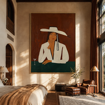 Martini Waits Under White - white hat bar woman by Marcus Lau, Retro Modern vertical wall art – styled room scene view 5
