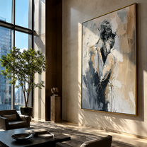 Grey Figures Find Shelter - textured embracing couple by Marcus Lau, Retro Modern vertical wall art – styled room scene view 1