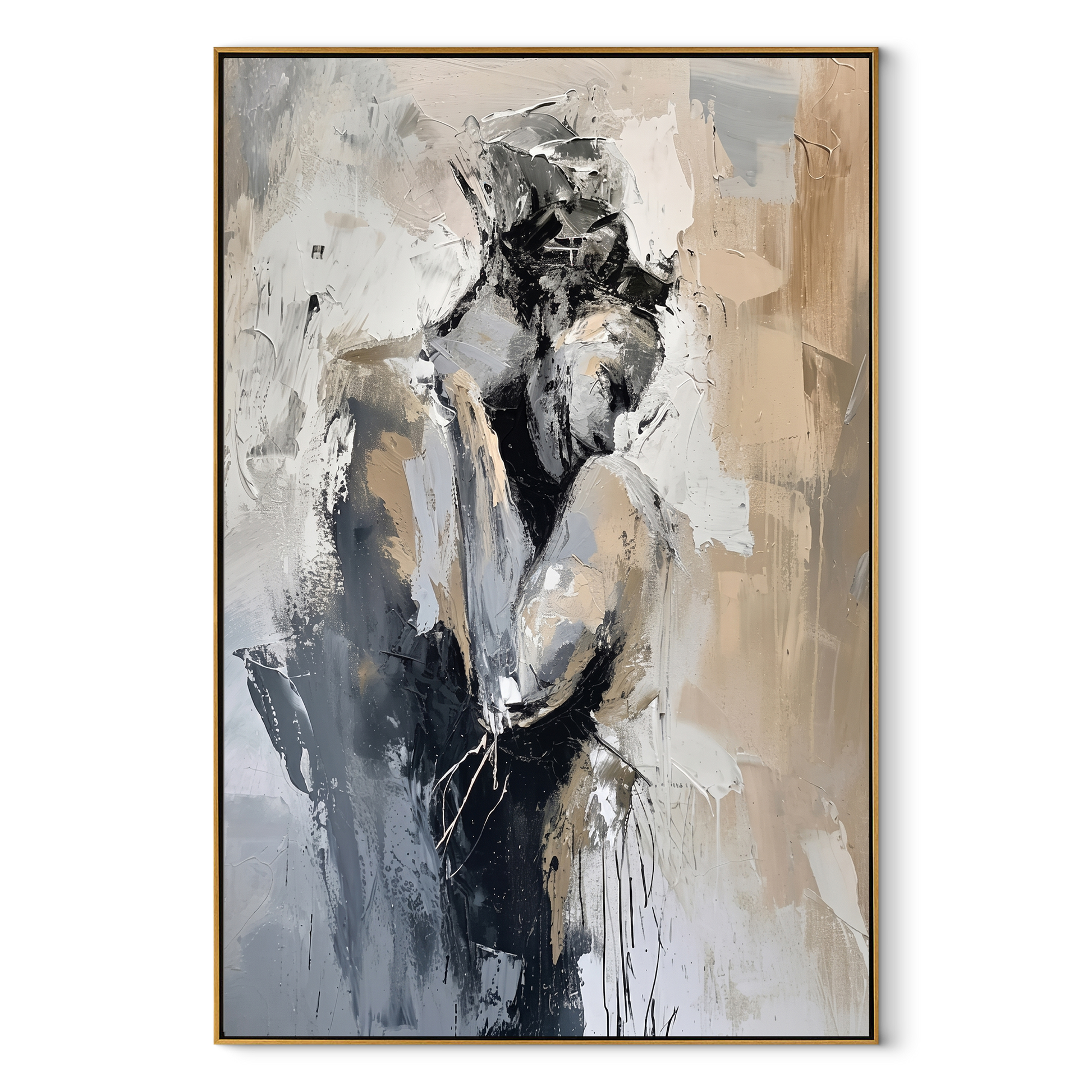 Grey Figures Find Shelter - textured embracing couple by Marcus Lau, Retro Modern vertical wall art – wood frame on white background