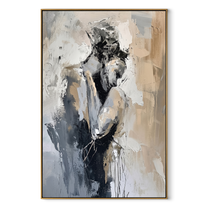 Grey Figures Find Shelter - textured embracing couple by Marcus Lau, Retro Modern vertical wall art – wood frame on white background