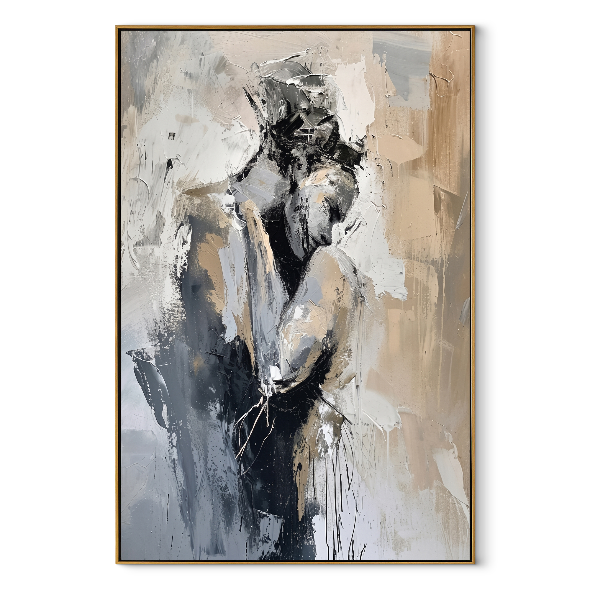 Grey Figures Find Shelter - textured embracing couple by Marcus Lau, Retro Modern vertical wall art – wood frame on white background