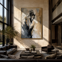 Grey Figures Find Shelter - textured embracing couple by Marcus Lau, Retro Modern vertical wall art – styled room scene view 2