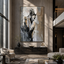 Grey Figures Find Shelter - textured embracing couple by Marcus Lau, Retro Modern vertical wall art – styled room scene view 3