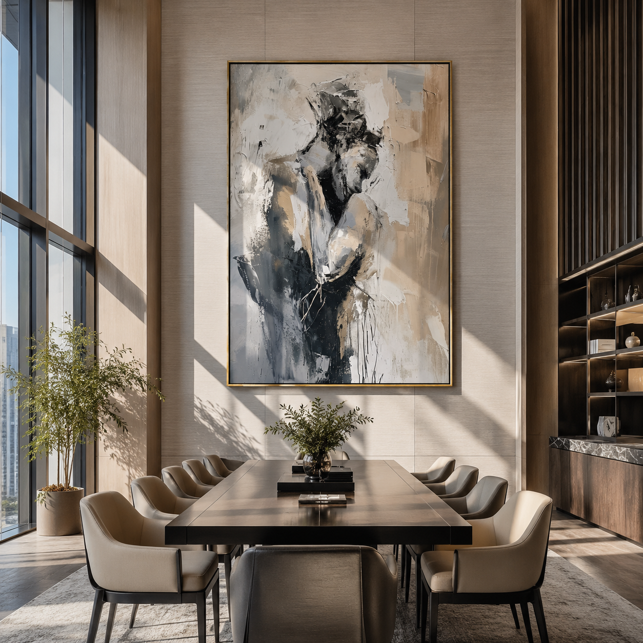 Grey Figures Find Shelter - textured embracing couple by Marcus Lau, Retro Modern vertical wall art – styled room scene view 4