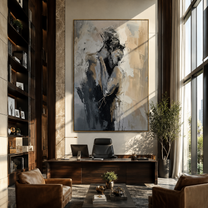 Grey Figures Find Shelter - textured embracing couple by Marcus Lau, Retro Modern vertical wall art – styled room scene view 5