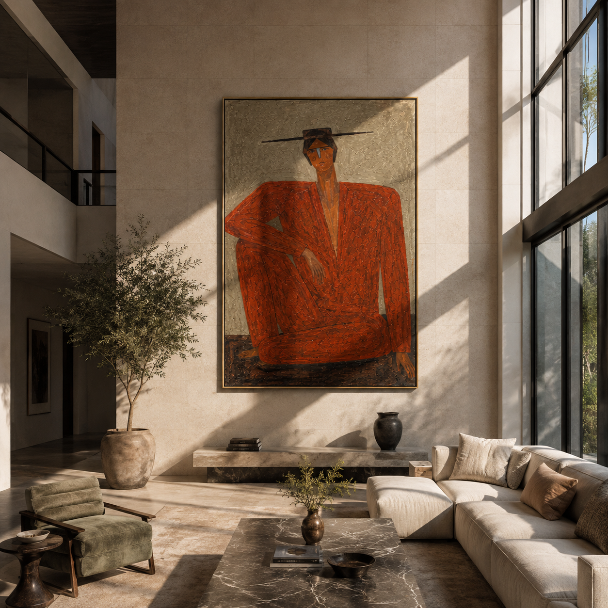 Red Suit Claims Space - seated red suit figure by Marcus Lau, Retro Modern vertical wall art – styled room scene view 1