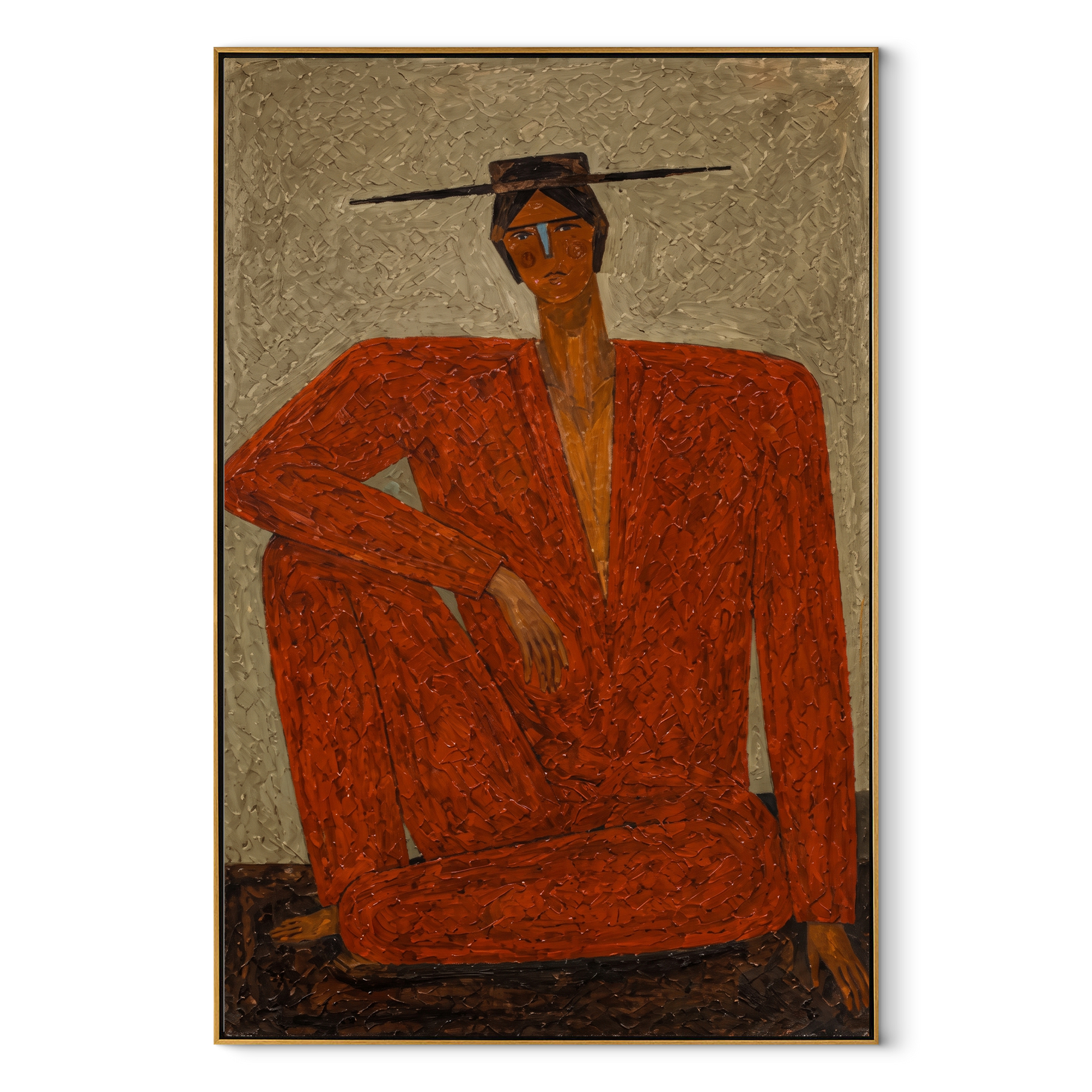 Red Suit Claims Space - seated red suit figure by Marcus Lau, Retro Modern vertical wall art – wood frame on white background