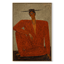 Red Suit Claims Space - seated red suit figure by Marcus Lau, Retro Modern vertical wall art – wood frame on white background