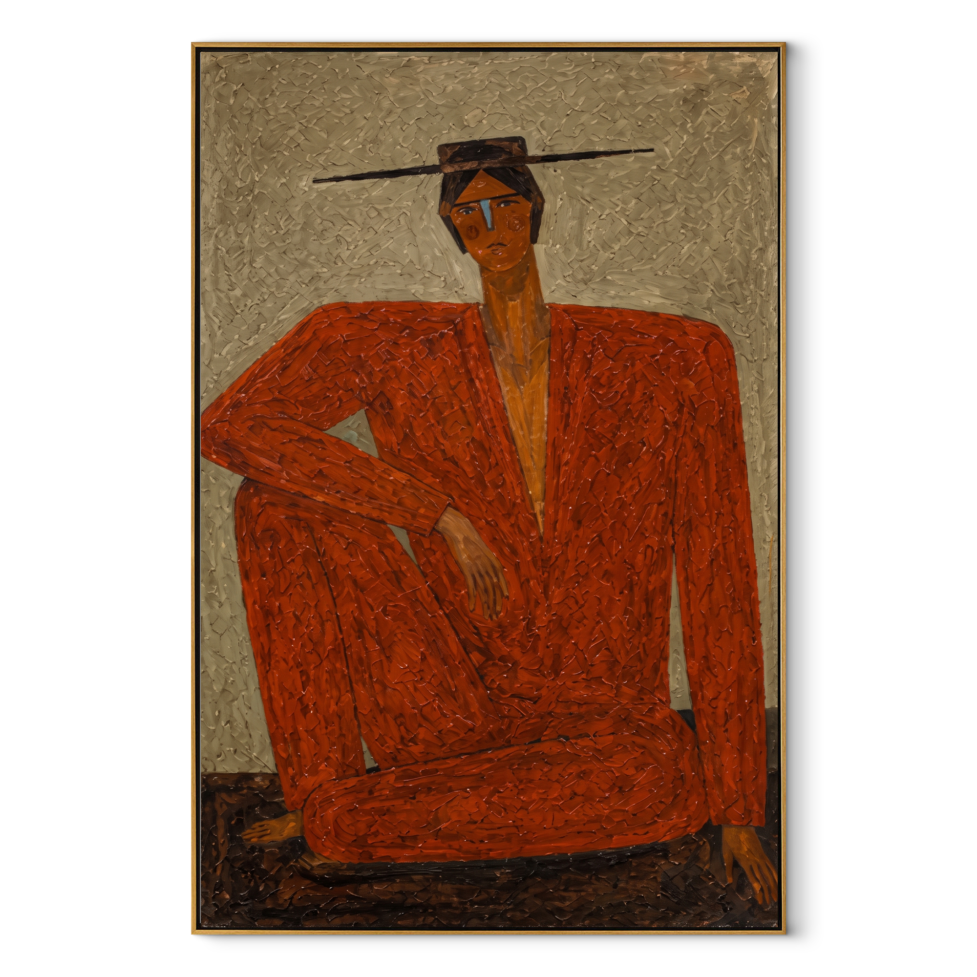 Red Suit Claims Space - seated red suit figure by Marcus Lau, Retro Modern vertical wall art – wood frame on white background