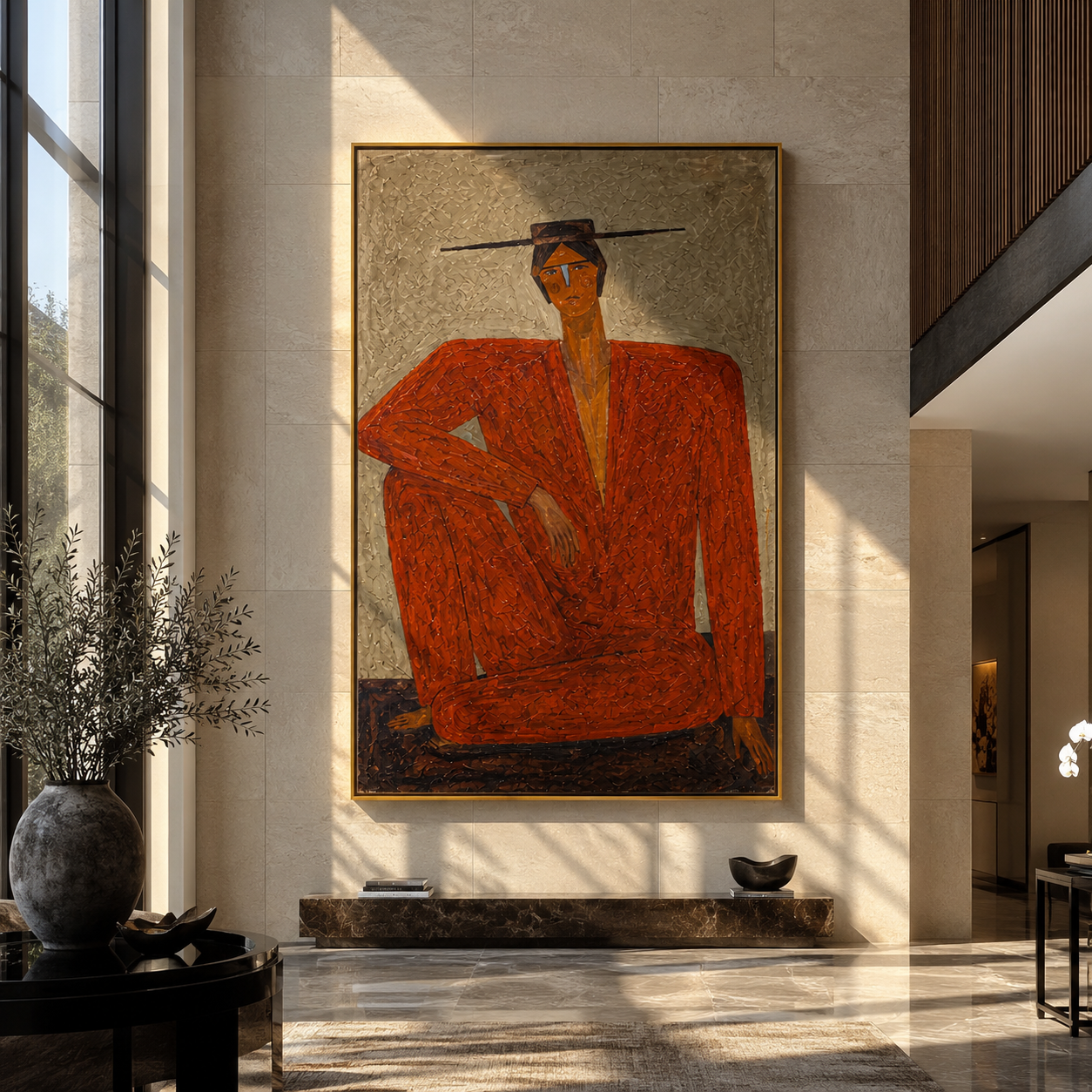 Red Suit Claims Space - seated red suit figure by Marcus Lau, Retro Modern vertical wall art – styled room scene view 2
