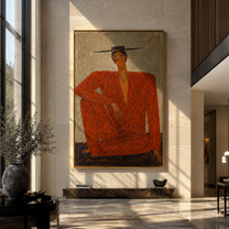 Red Suit Claims Space - seated red suit figure by Marcus Lau, Retro Modern vertical wall art – styled room scene view 2