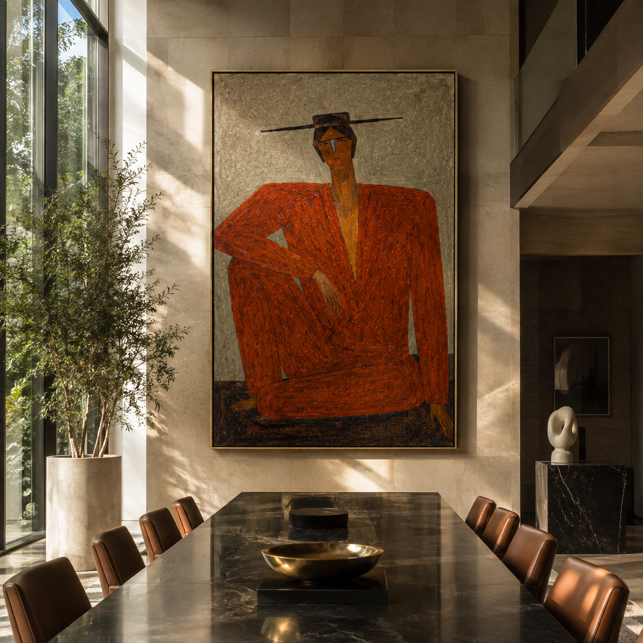Red Suit Claims Space - seated red suit figure by Marcus Lau, Retro Modern vertical wall art – styled room scene view 3
