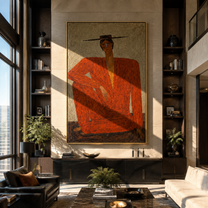 Red Suit Claims Space - seated red suit figure by Marcus Lau, Retro Modern vertical wall art – styled room scene view 4