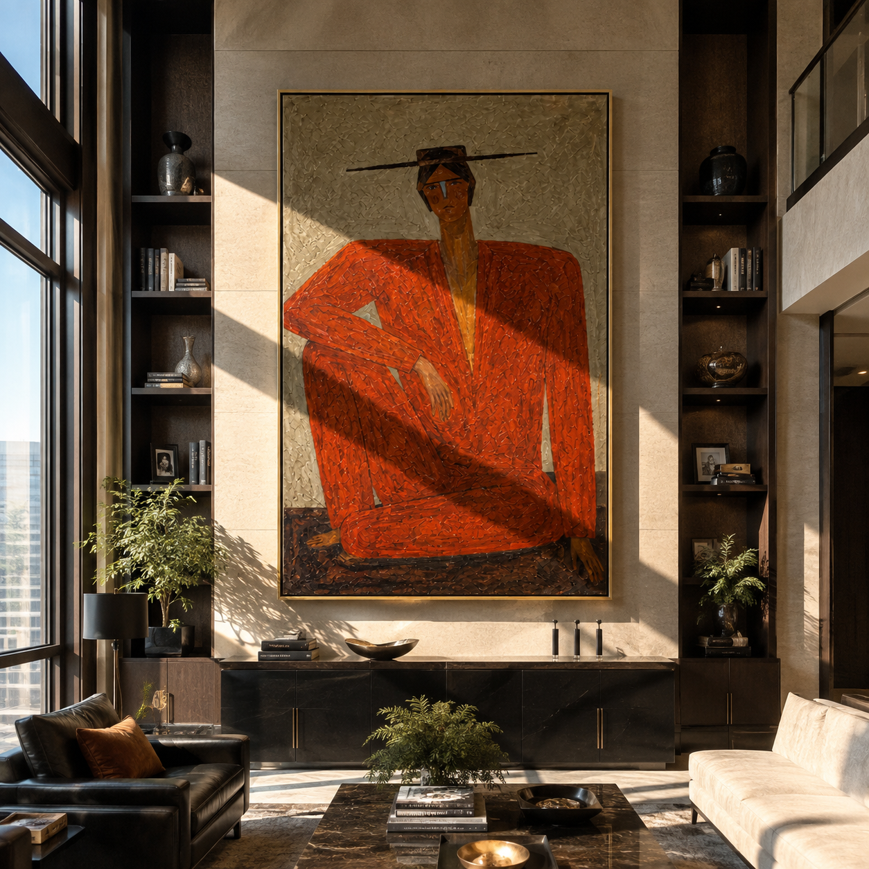Red Suit Claims Space - seated red suit figure by Marcus Lau, Retro Modern vertical wall art – styled room scene view 4