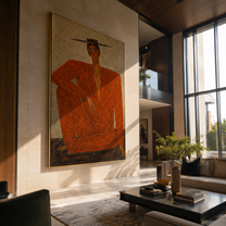 Red Suit Claims Space - seated red suit figure by Marcus Lau, Retro Modern vertical wall art – styled room scene view 5