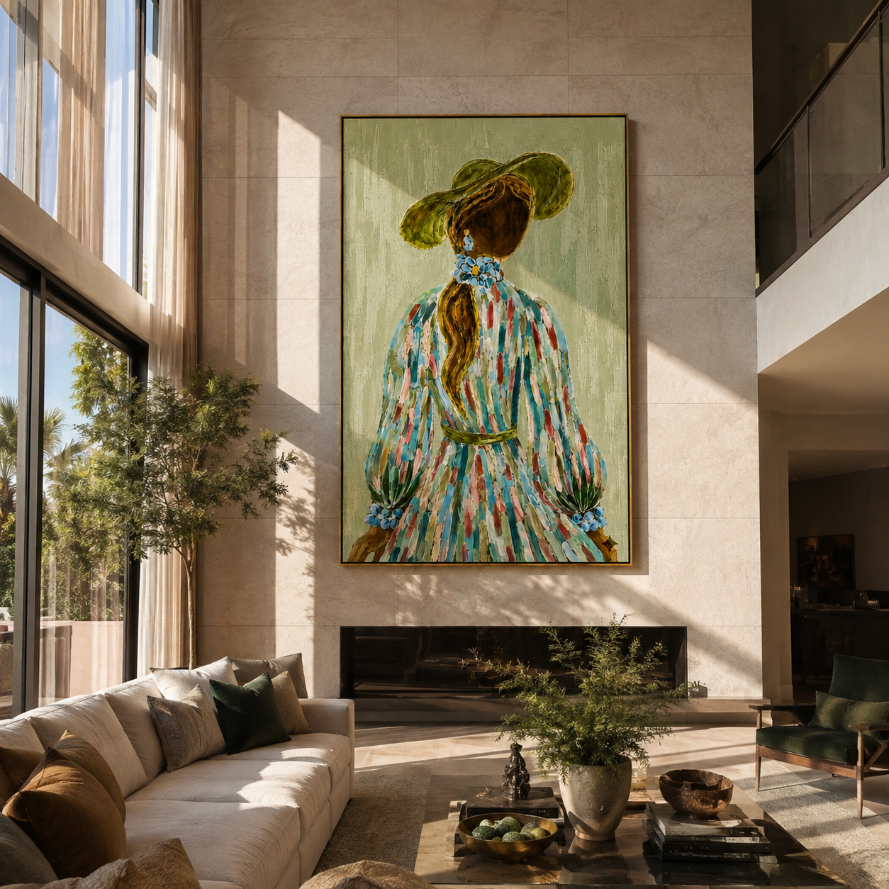 Blue Flowers Trail Her - back facing floral woman by Marcus Lau, Retro Modern vertical wall art – styled room scene view 1