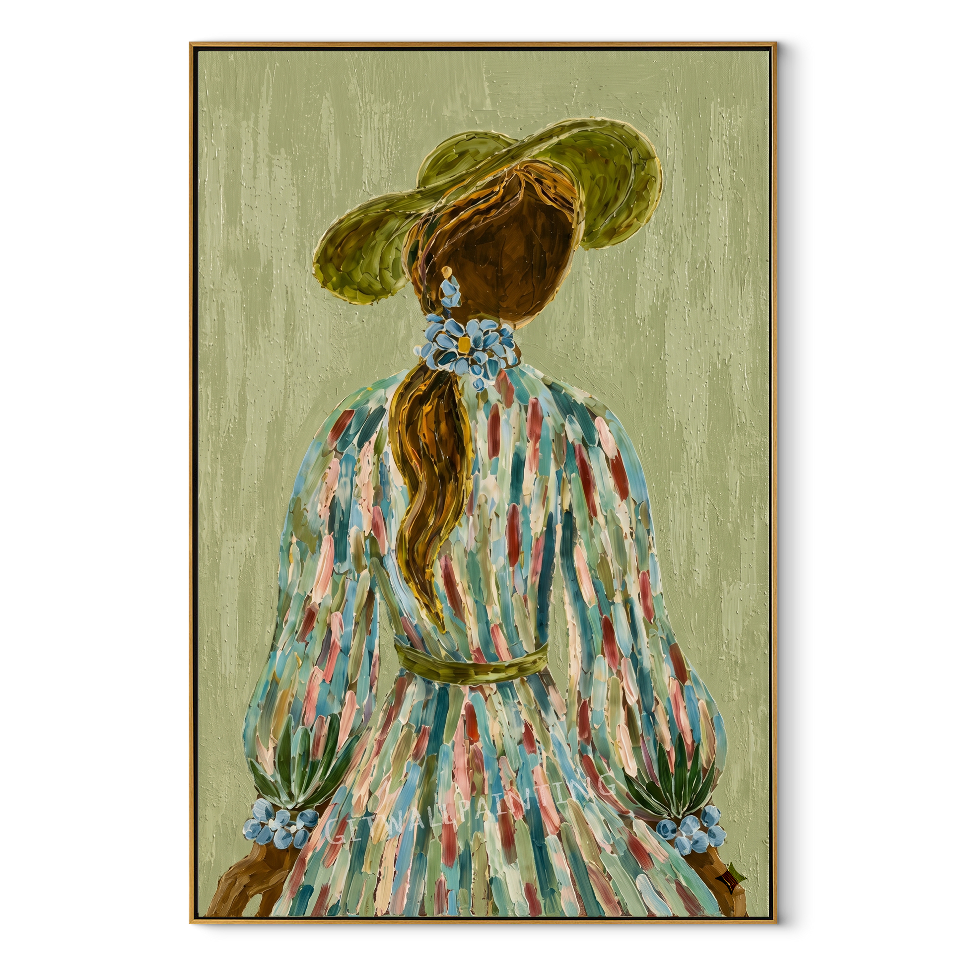 Blue Flowers Trail Her - back facing floral woman by Marcus Lau, Retro Modern vertical wall art – wood frame on white background