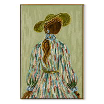 Blue Flowers Trail Her - back facing floral woman by Marcus Lau, Retro Modern vertical wall art – wood frame on white background