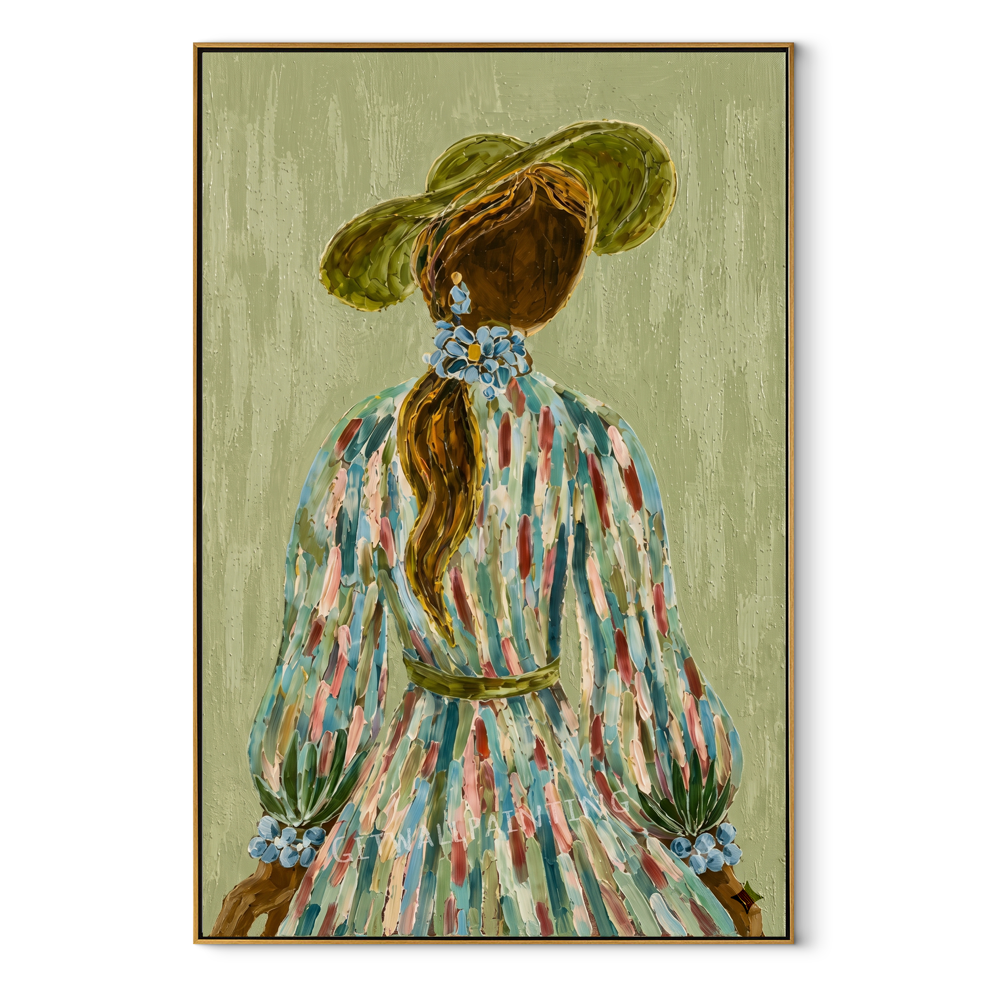 Blue Flowers Trail Her - back facing floral woman by Marcus Lau, Retro Modern vertical wall art – wood frame on white background