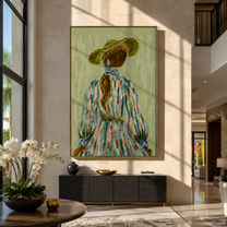 Blue Flowers Trail Her - back facing floral woman by Marcus Lau, Retro Modern vertical wall art – styled room scene view 2