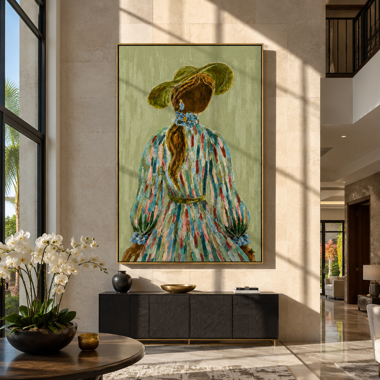 Blue Flowers Trail Her - back facing floral woman by Marcus Lau, Retro Modern vertical wall art – styled room scene view 2