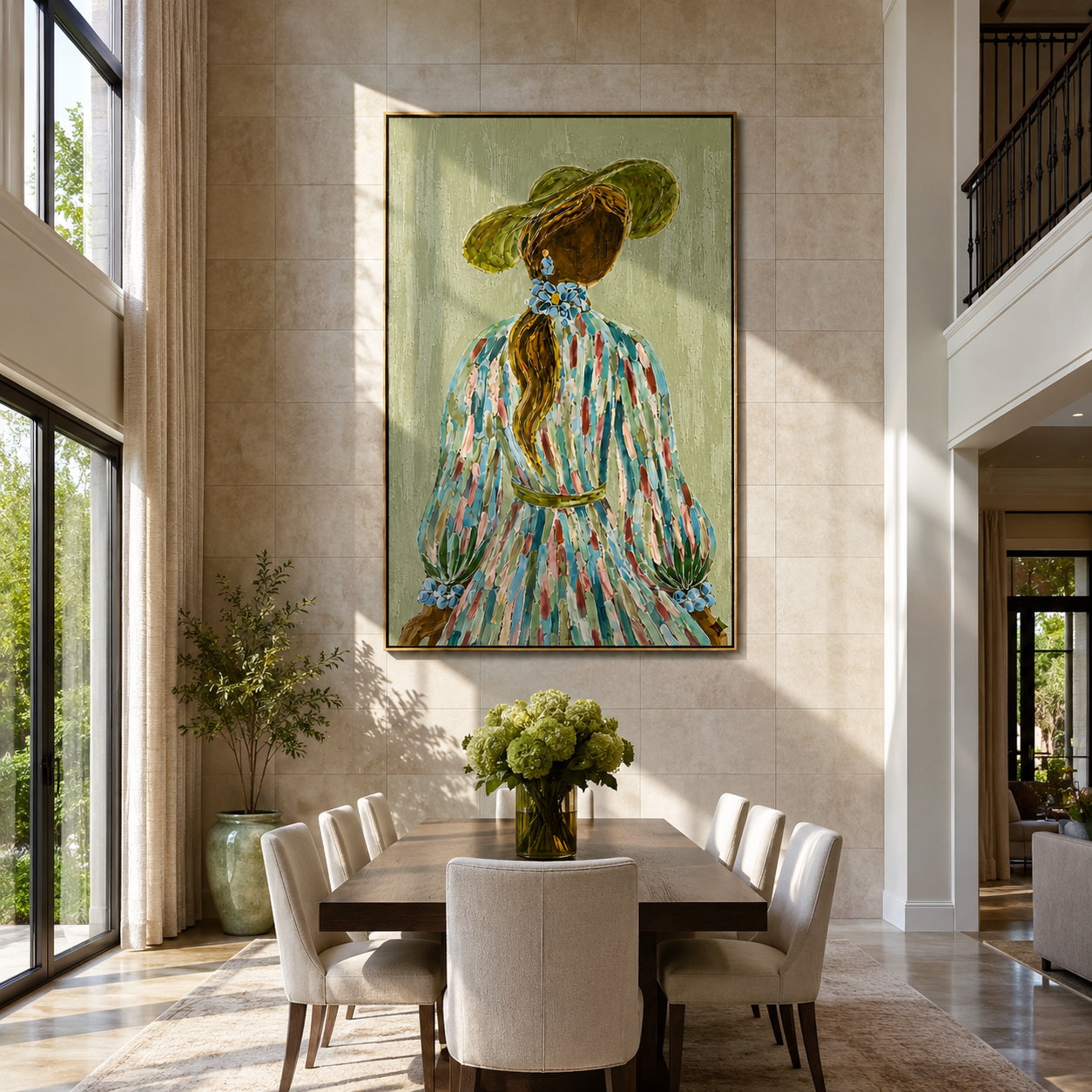 Blue Flowers Trail Her - back facing floral woman by Marcus Lau, Retro Modern vertical wall art – styled room scene view 3