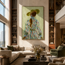 Blue Flowers Trail Her - back facing floral woman by Marcus Lau, Retro Modern vertical wall art – styled room scene view 4