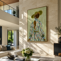 Blue Flowers Trail Her - back facing floral woman by Marcus Lau, Retro Modern vertical wall art – styled room scene view 5