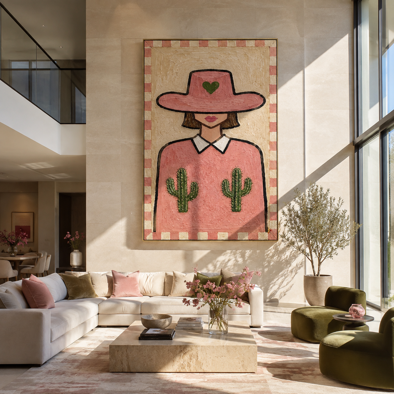 Pink Cactus Brim Smiles - pink hat cactus woman by Marcus Lau, Retro Modern vertical wall art – styled room scene view 1