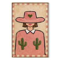 Pink Cactus Brim Smiles - pink hat cactus woman by Marcus Lau, Retro Modern vertical wall art – wood frame on white background
