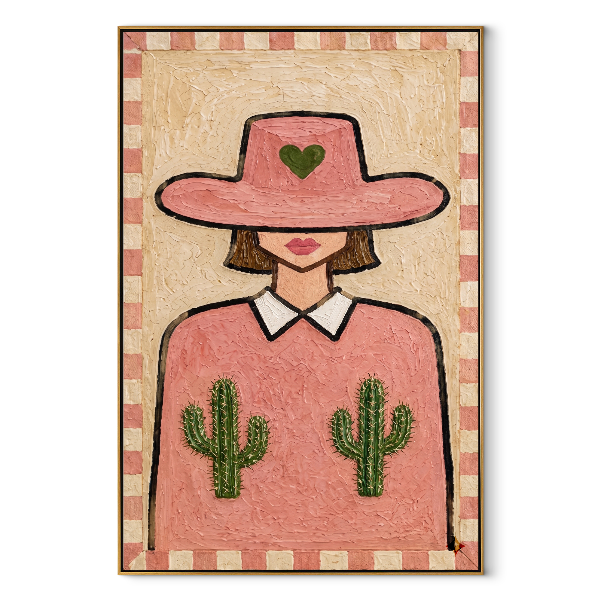 Pink Cactus Brim Smiles - pink hat cactus woman by Marcus Lau, Retro Modern vertical wall art – wood frame on white background
