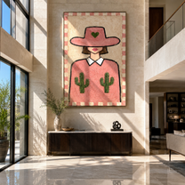 Pink Cactus Brim Smiles - pink hat cactus woman by Marcus Lau, Retro Modern vertical wall art – styled room scene view 2