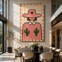 Pink Cactus Brim Smiles - pink hat cactus woman by Marcus Lau, Retro Modern vertical wall art – styled room scene view 3