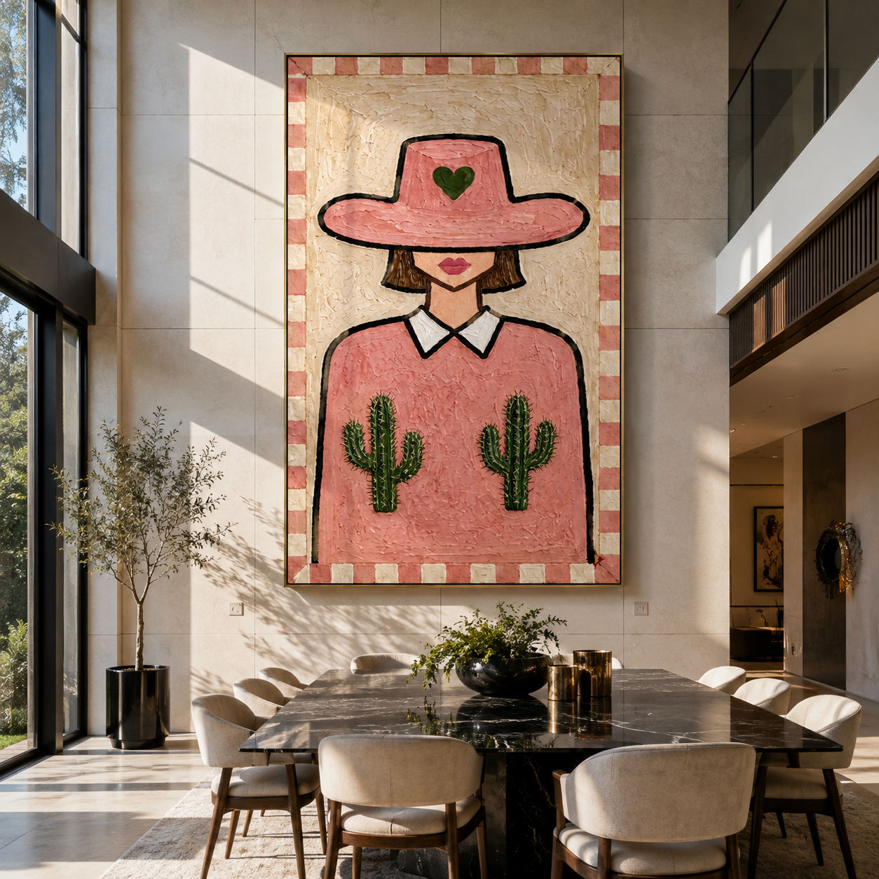 Pink Cactus Brim Smiles - pink hat cactus woman by Marcus Lau, Retro Modern vertical wall art – styled room scene view 3