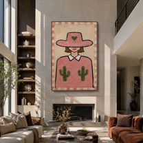 Pink Cactus Brim Smiles - pink hat cactus woman by Marcus Lau, Retro Modern vertical wall art – styled room scene view 4