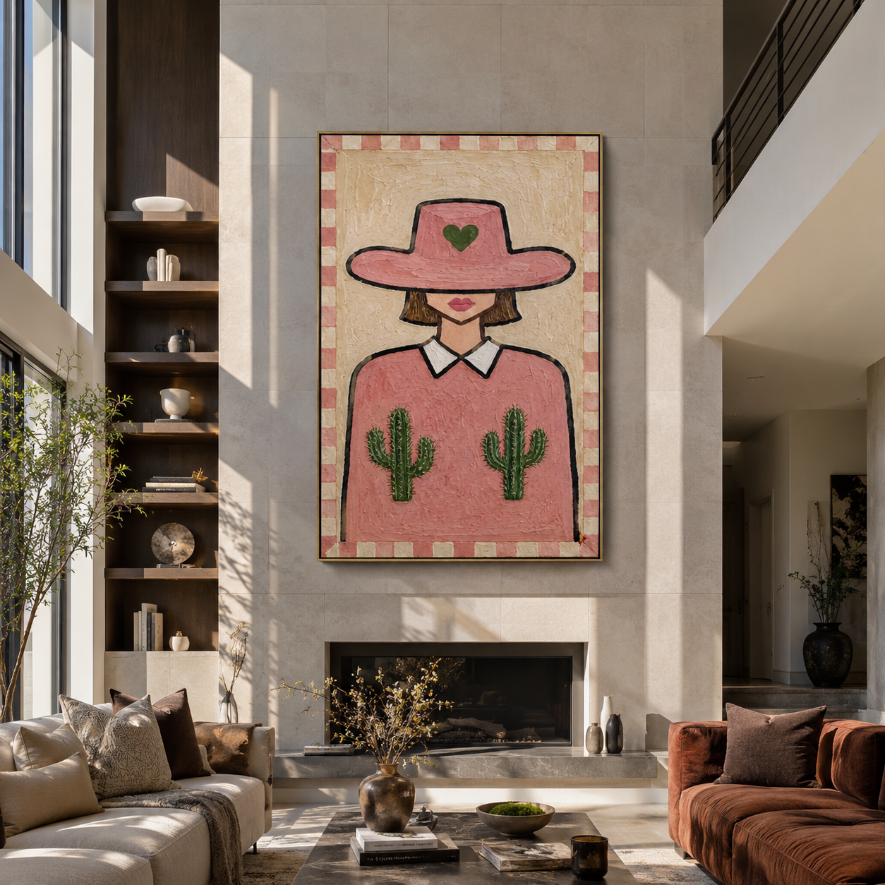 Pink Cactus Brim Smiles - pink hat cactus woman by Marcus Lau, Retro Modern vertical wall art – styled room scene view 4