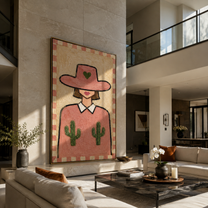 Pink Cactus Brim Smiles - pink hat cactus woman by Marcus Lau, Retro Modern vertical wall art – styled room scene view 5