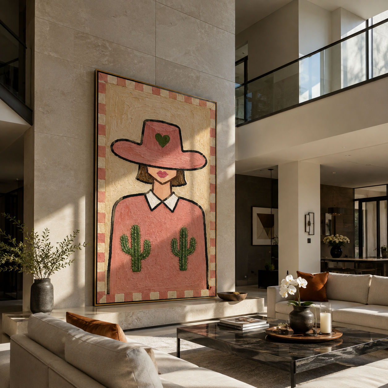 Pink Cactus Brim Smiles - pink hat cactus woman by Marcus Lau, Retro Modern vertical wall art – styled room scene view 5
