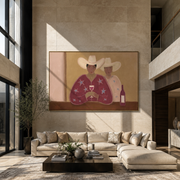 Two Cowboys Share Wine - cowboy pair with wine by Marcus Lau, Retro Modern horizontal wall art – styled room scene view 1