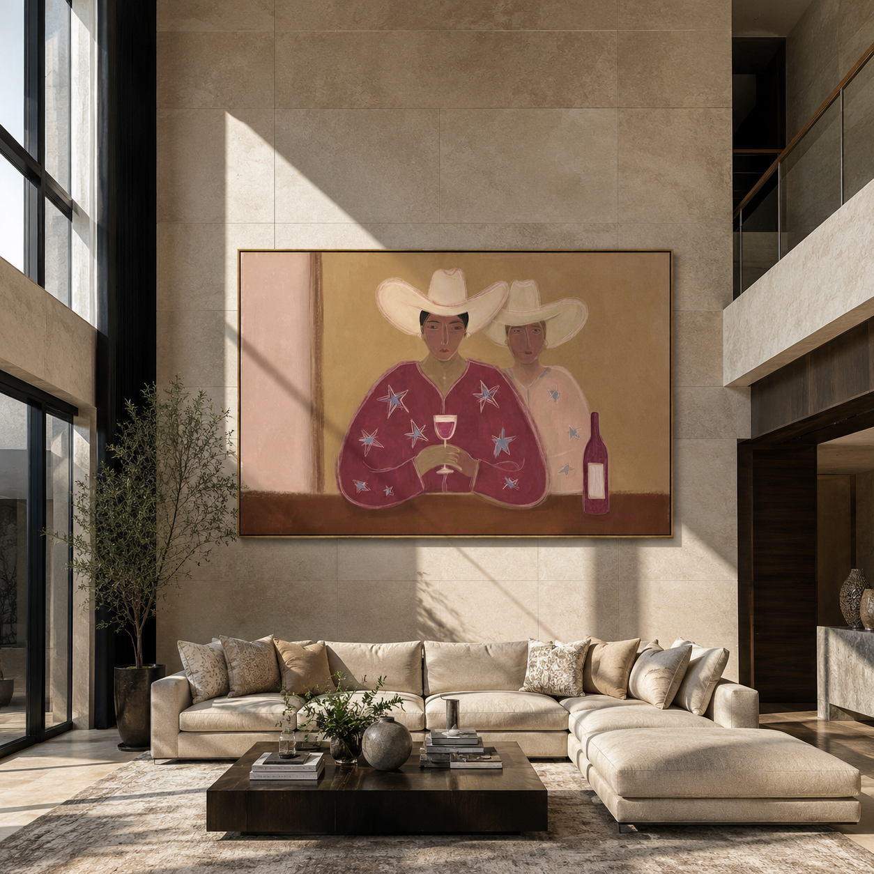 Two Cowboys Share Wine - cowboy pair with wine by Marcus Lau, Retro Modern horizontal wall art – styled room scene view 1